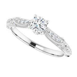 Platinum 4 mm Round Forever Oneâ„¢ Moissanite & 1/10 CTW Diamond Engagement Ring    